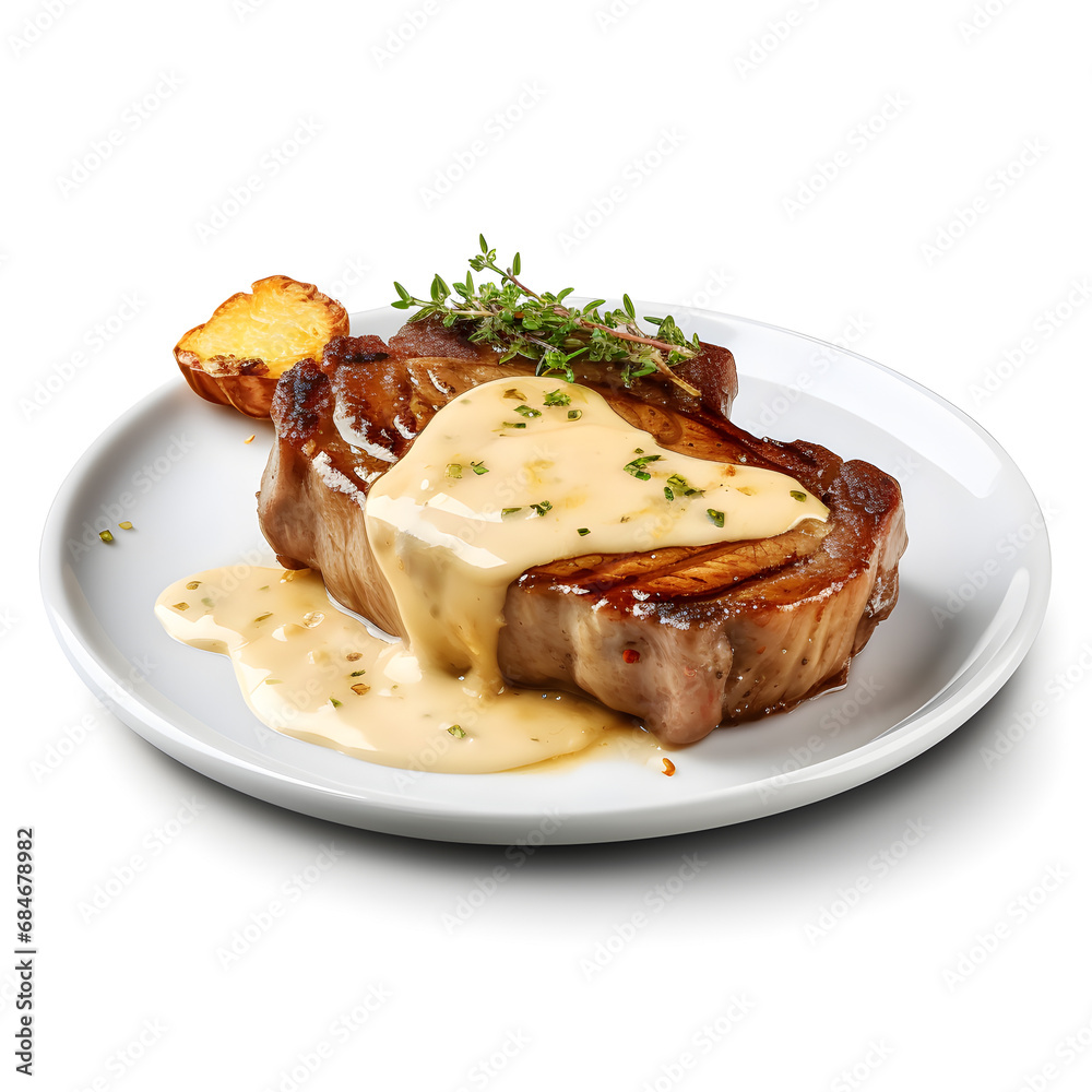 Realistic Pork steak , flowing cheese, 100% white background, Generative AI Realistic Pork steak , flowing cheese, 100% white background, Generative AI