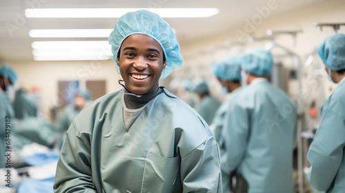 Smiling black surgeon in uniform and cap in hospital ward after successful operation photo