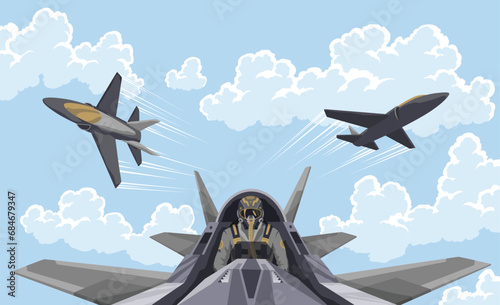 Pilot in the fighter. Aircraft-fighter cockpit overview. Aerobatic team in the air. A military fighter in the clouds. Figures of higher pilotage. The pilot of a military plane