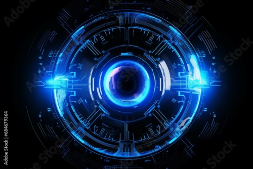 A futuristic eye with a blue light coming out of it, technology background
