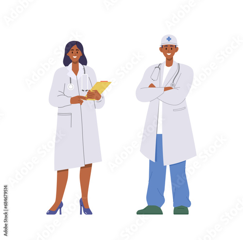 Adult man and woman doctor cartoon characters wearing uniform isolated on white background