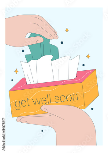 Get well soon card. Positive and motivational poster with greeting quote. Medicine postcard with feel better lettering. Recovery affirmation and wishes. Flat vector Illustration