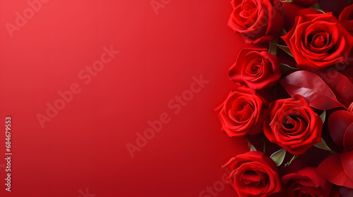 Red roses flower on red background. Copy space. Flower frame. Top view. High quality photo.