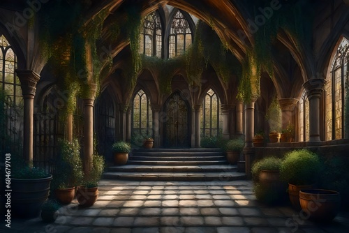 oil painting Lovely fantasy courtyard of a Tudor castle, Cinematic lighting, trees, intricate details, bizarre scenery, and architecture flower pots