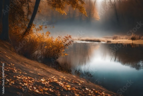 Old-fashioned fall foliage on the riverbank, misty water