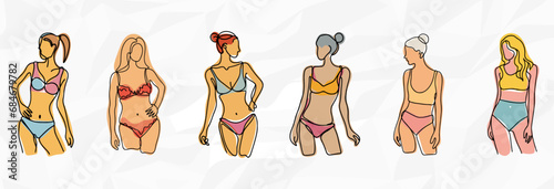 Bundle mit Frauen in farbenfroher Unterwäsche als künstlerische Lineart-Illustrationen