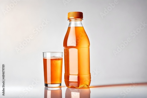 On a white background, orange soda pop or soft drink is depicted in a plastic bottle