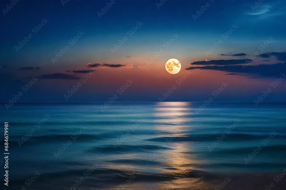 Picture of the sea from above. a colorful nighttime seascape with a full moon and clouds in it