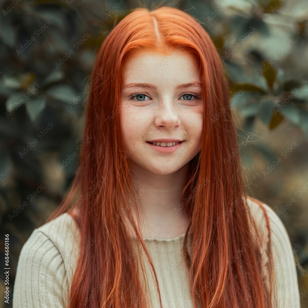 A young girl with red hair smiling at the camera A young girl with red hair smiling at the camera