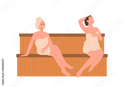 Young woman friends cartoon character wrapped in towels steaming in dry sauna or bathhouse