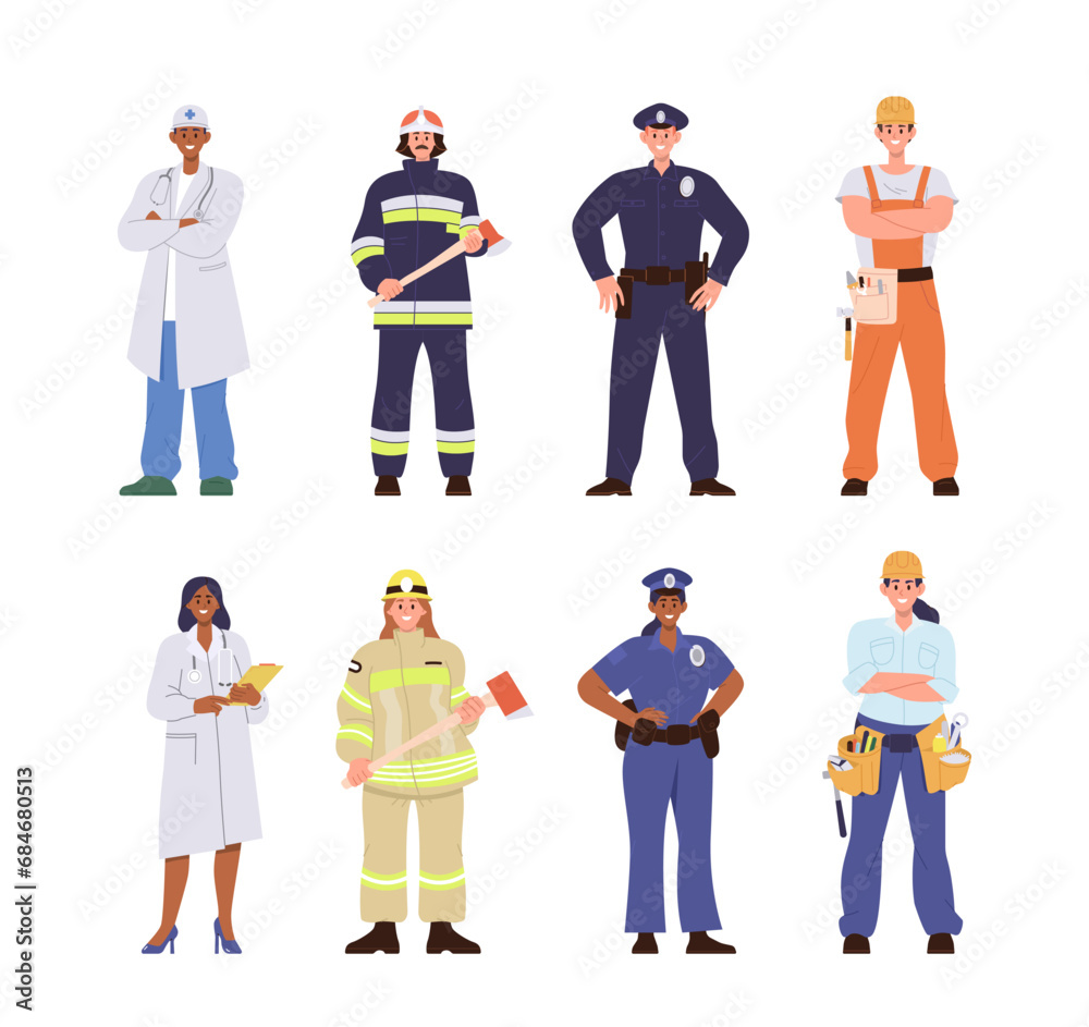 Important people job occupation, professional man woman of safety rescue service vector illustration Important people job occupation, professional man woman of safety rescue service vector illustration