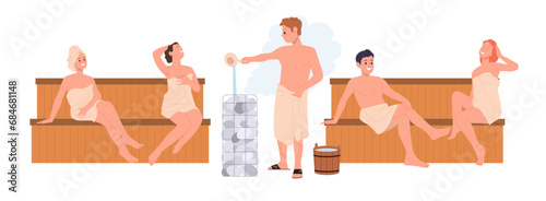Happy relaxed people friends cartoon character wrapped in towels steaming in sauna or bathhouse