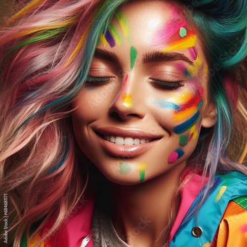 woman with colorful hair and paints on face wearing multicolored jacket and smiling with closed eyes