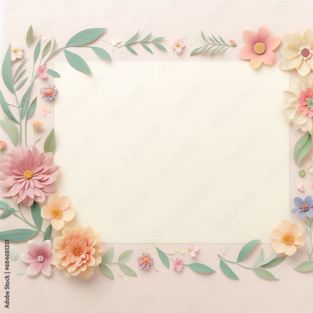 Pastel background with a flower frame featuring various colors and types of flowers, including roses and daisies.