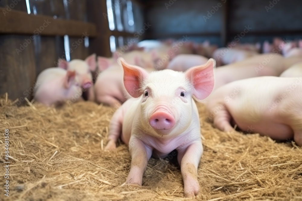 Funny fat pigs herd waits for feeding in modern farm stall. Small livestock animals growing for meat and lard producing at contemporary ranch. Large piglets ask food in husbandry pavilion Funny fat pigs herd waits for feeding in modern farm stall. Small livestock animals growing for meat and lard producing at contemporary ranch. Large piglets ask food in husbandry pavilion