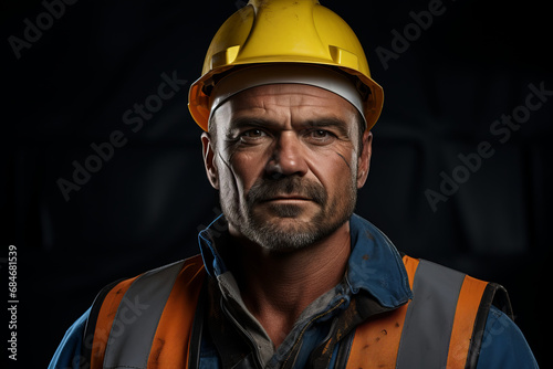 Builder in a vest and hard hat, in the style of studio portraiture. On a black background