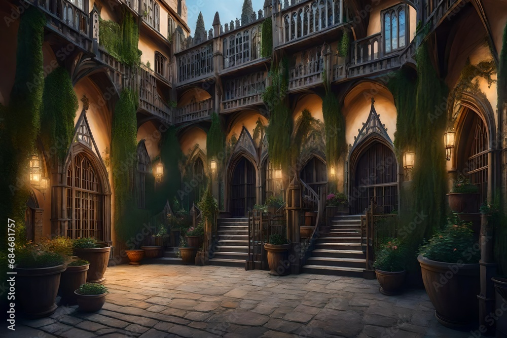 oil painting Lovely fantasy courtyard of a Tudor castle, Cinematic lighting, trees, intricate details, bizarre scenery, and architecture flower pots