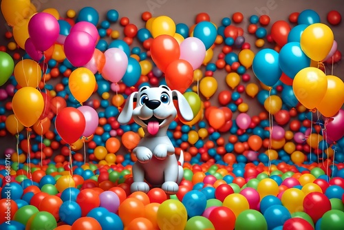 A cartoon-esque puppy, encircled by balloons, stands up.