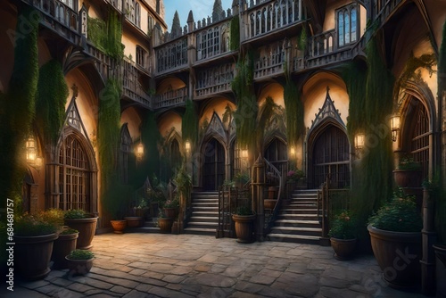 oil painting Lovely fantasy courtyard of a Tudor castle  Cinematic lighting  trees  intricate details  bizarre scenery  and architecture flower pots