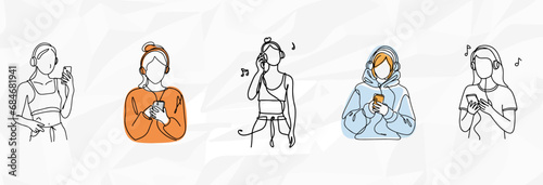 Musikalische Anonymität: Bundle mit anonymen jungen Frauen, die Musik auf ihren Smartphones hören, als künstlerische Lineart-Illustrationen