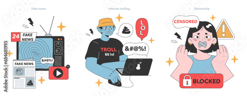 Digital Dilemmas set. Broadcasting misleading media, online user spreading mischief, imposed speech restrictions. Fake news, Internet trolling, and Censorship. Flat vector illustration.