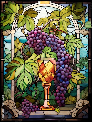 Stain glass window with grapes and leaves.