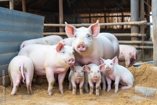 Funny fat pigs herd waits for feeding in modern farm stall. Small livestock animals growing for meat and lard producing at contemporary ranch. Large piglets ask food in husbandry pavilion © Stavros
