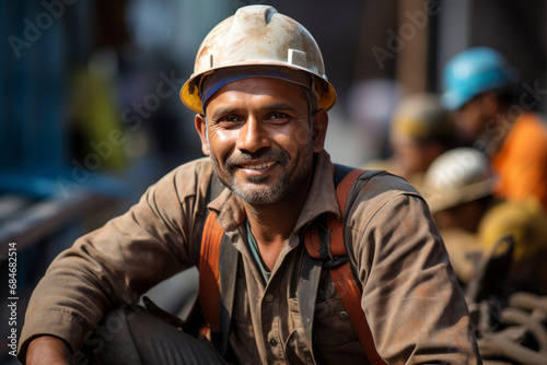 Guy in a hard hat working at a construction site. Architect, laborer. Support worker. Constructing area.