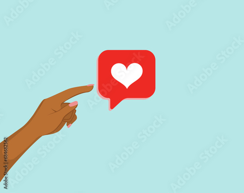 Female finger touching like button vector illustration. Woman hand reaching and pointing heart symbol