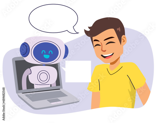AI chat bot and customer man chatting communication vector illustration. Chatbot answering, solving problem online via laptop. Internet support and help concept