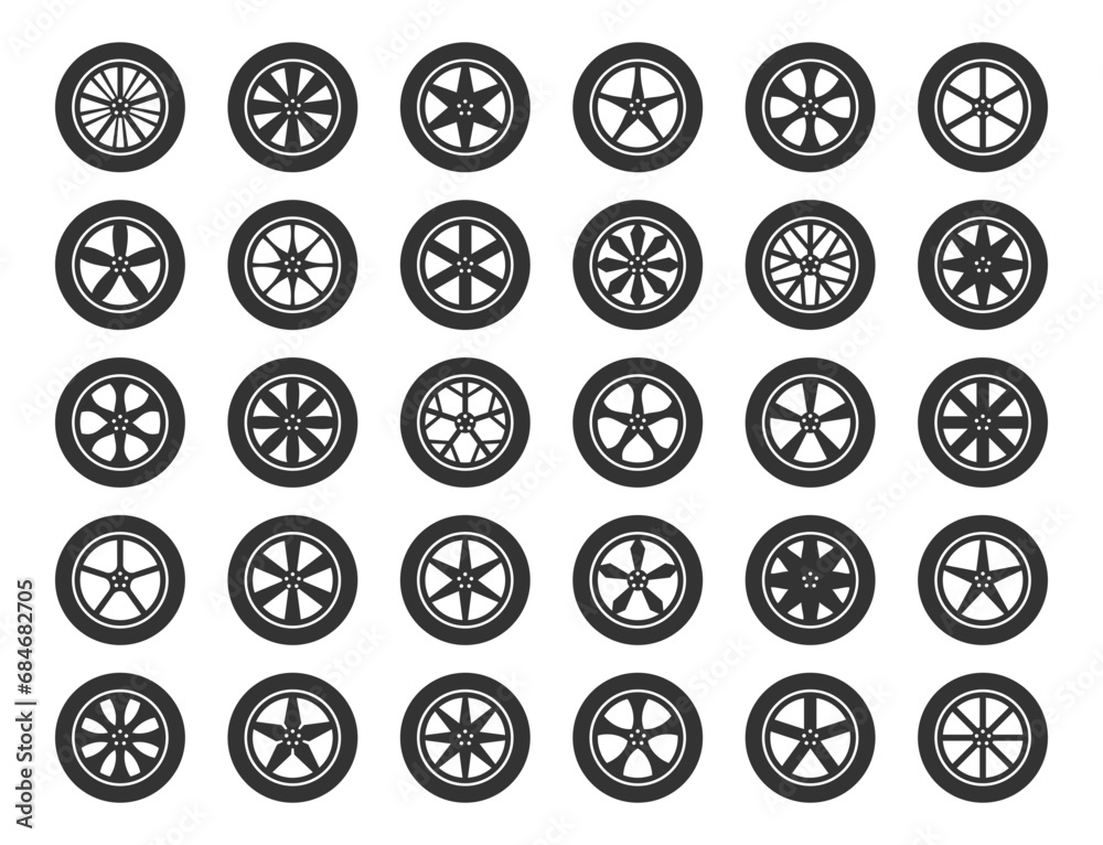 Set tires and wheels. Disc wheel car icon vector. Set tires and wheels. Disc wheel car icon vector.