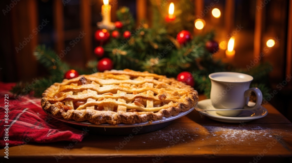 A pie sitting on top of a wooden table next to a cup of coffee
