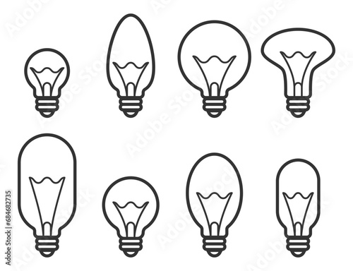 Light bulb icon vector. Llightbulb idea logo concept. Set lamps electricity icons web design element. Led lights isolated silhouette.