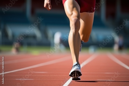 Strong sportsman in sneakers and shorts runs along track at sports stadium closeup. Muscular legs of professional jogger during training on running lane. Athlete in sportswear exercises alone