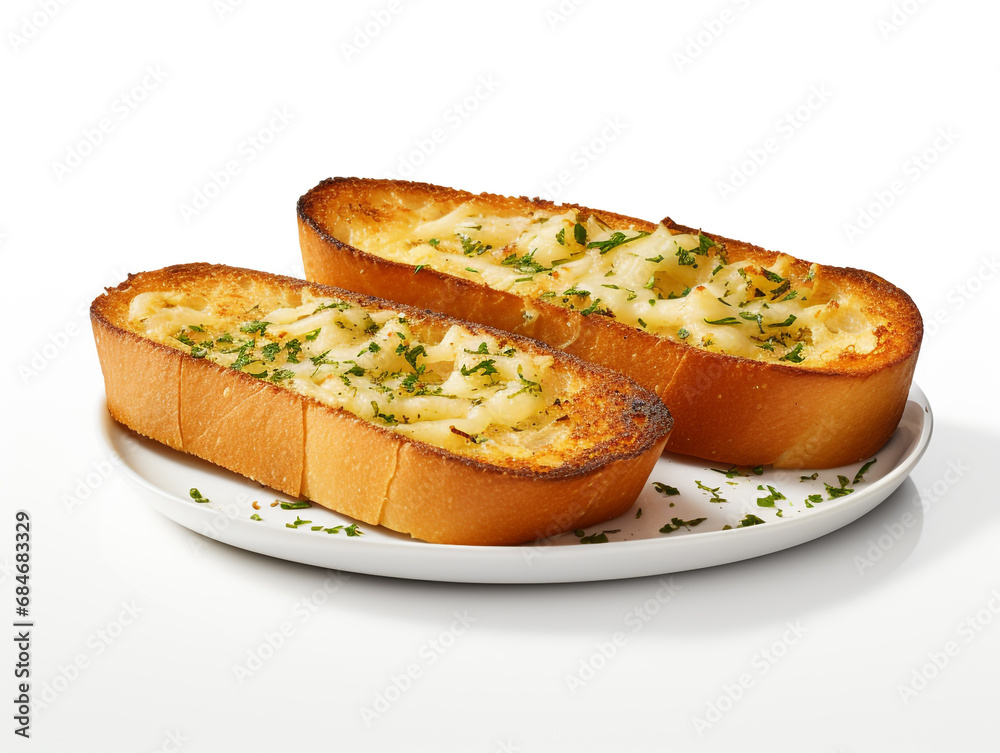 Toasted garlic bread with melted mozzarella cheese on top. Isolated on white background. Toasted garlic bread with melted mozzarella cheese on top. Isolated on white background.