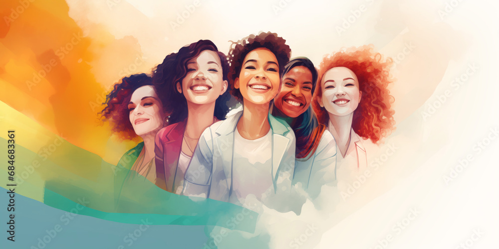 Group of diverse young woman smiling together, positive and united, watercolor illustration on white background, diversity concept