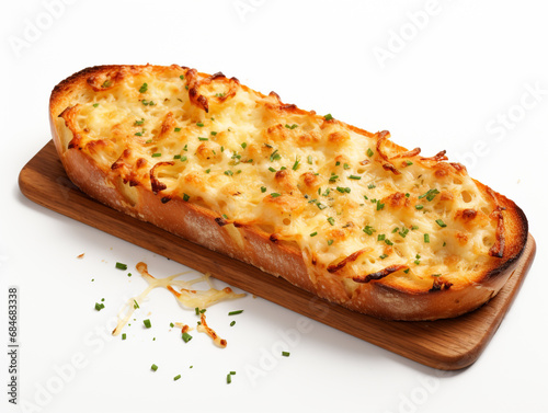 Toasted garlic bread with melted mozzarella cheese on top. Isolated on white background.