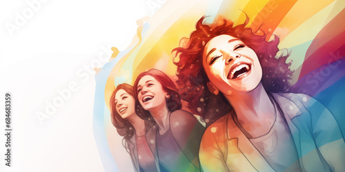 Group of young woman smiling together, positive feminism, watercolor illustration on white background