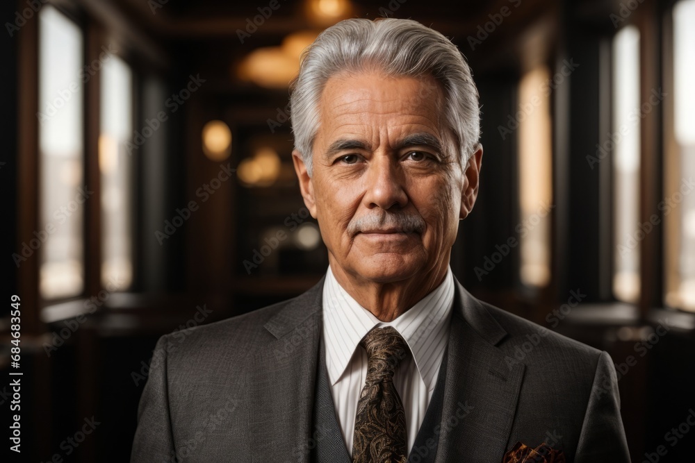 Fototapeta premium Close-up portrait of a successful smiling businessman aged 60-70 in a restaurant. A gray-haired man wearing a black fashionable expensive suit and tie looks at the camera.