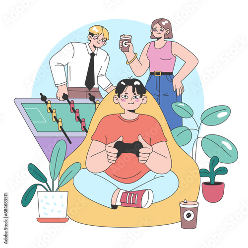 Modern office break time scene. Colleagues enjoying leisure activities - playing table soccer, sipping coffee, and video gaming. Relaxed workspace vibe. Flat vector illustration