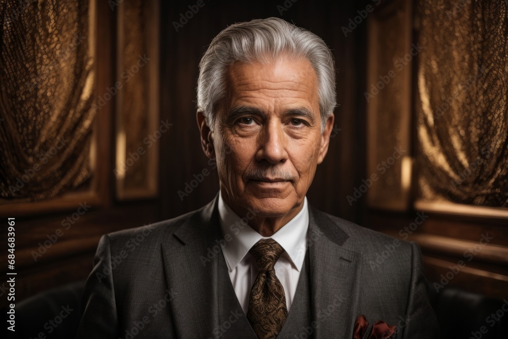 A successful male businessman of 60-70 years old on a black and gold background. A gray-haired man wearing a black fashionable expensive suit looks at the camera. A successful male businessman of 60-70 years old on a black and gold background. A gray-haired man wearing a black fashionable expensive suit looks at the camera.