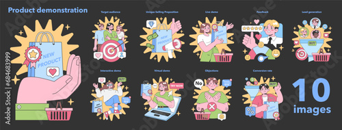 Product Demonstration set. Engaging presentations showcasing new product features to target audiences with interactive and virtual demos. Flat vector illustration.