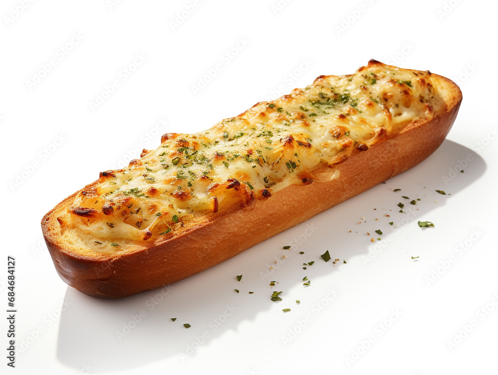 Toasted garlic bread with melted mozzarella cheese on top. Isolated on white background. Toasted garlic bread with melted mozzarella cheese on top. Isolated on white background.