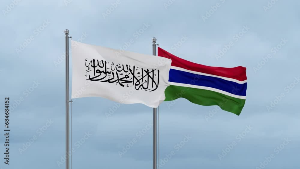 Gambia flag and Afghanistan flag waving together on cloudy sky, endless seamless loop, two country relations concept Gambia flag and Afghanistan flag waving together on cloudy sky, endless seamless loop, two country relations concept