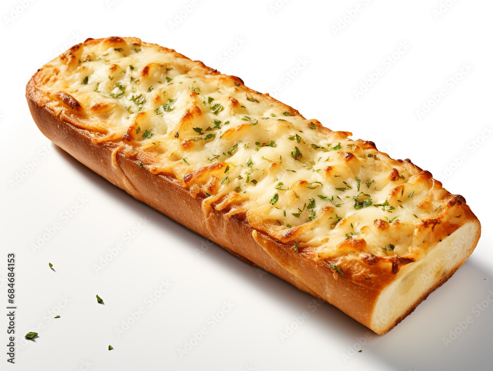 Toasted garlic bread with melted mozzarella cheese on top. Isolated on white background.