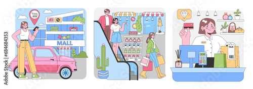 Shopping spree set. Modern mall journey from arrival to checkout. Smartphone map navigation, couple browsing, solo shopper, cashier interaction. Trendy retail experience. Flat vector illustration