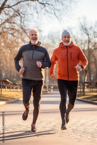 Caucasian male friends run together across autumn park in morning. Healthy friends exercise jogging along city garden road. Active men trains developing body endurance outdoors