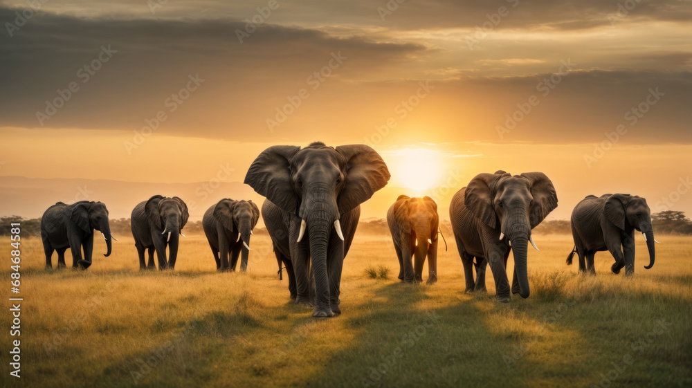 elephants at sunset