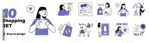 Artboard of mini concepts on the topic of shopping This lively collection of violet cartoon-style scenes depict people enjoying retail therapy and exploring various stores. Vector illustration.