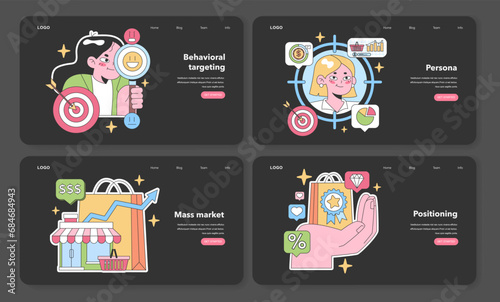 Marketing strategies set. Man aiming at target, woman planning persona, broad consumer outreach, and brand positioning techniques. Essential tools for target audience identification.